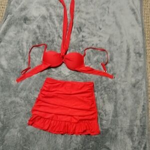 Red Bikini Top and Skirt Set
